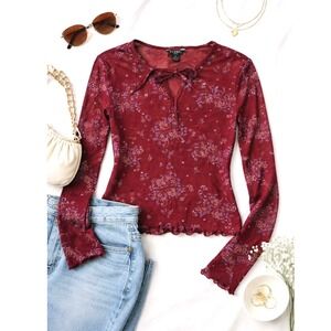 Guess Jeans Sheer Mesh Floral Red Long Sleeve Tie Neck Y2K Lettuce Hem Size XL